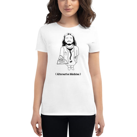 Women's short sleeve white t-shirt with Jesus doctor monochrome design 