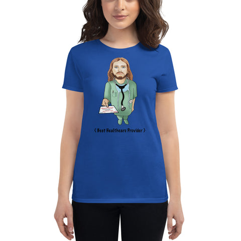 Women's short sleeve royal blue t-shirt with Jesus doctor design
